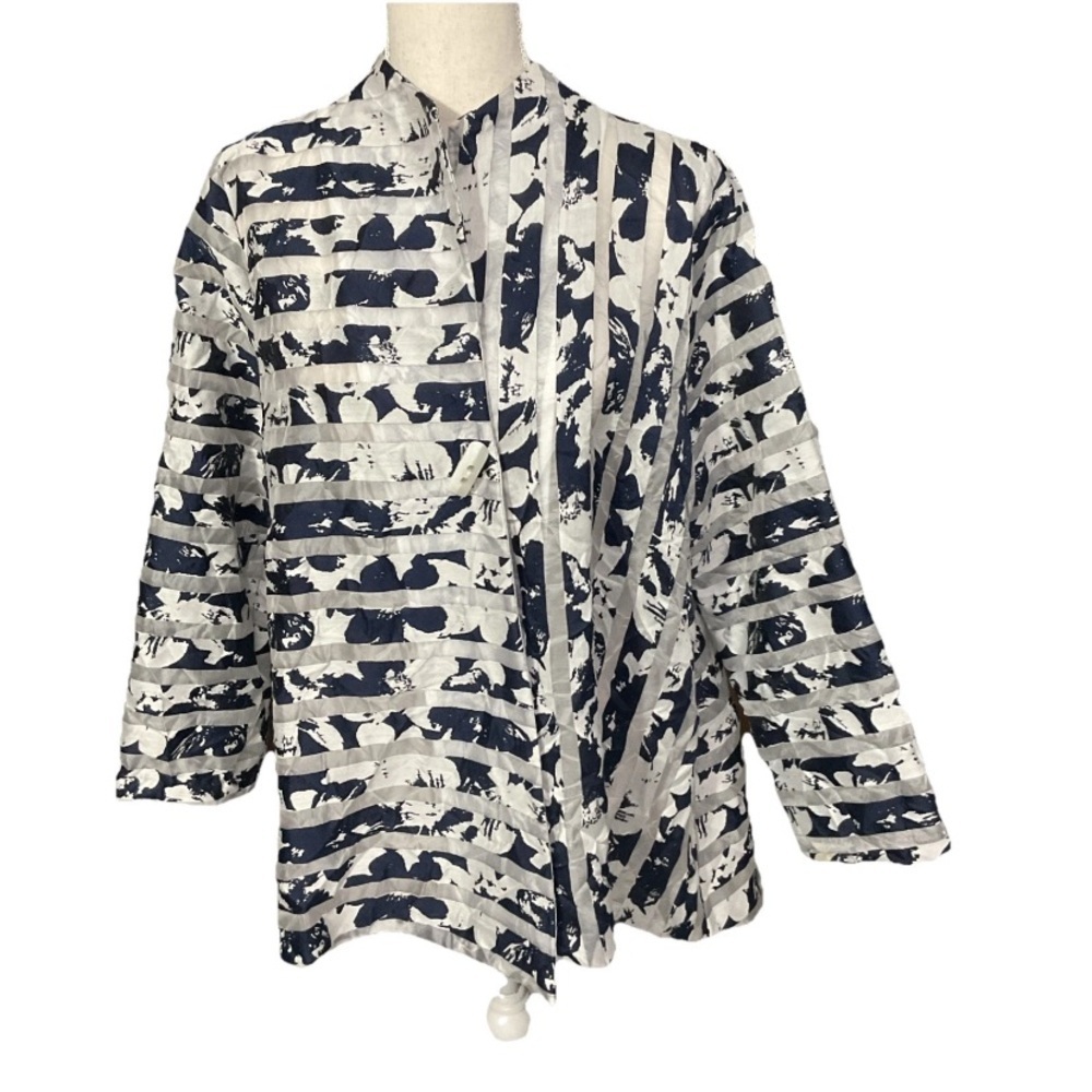 Yushi Navy Blue White One Button Swing Jacket Semi Sheer Striped Floral Large